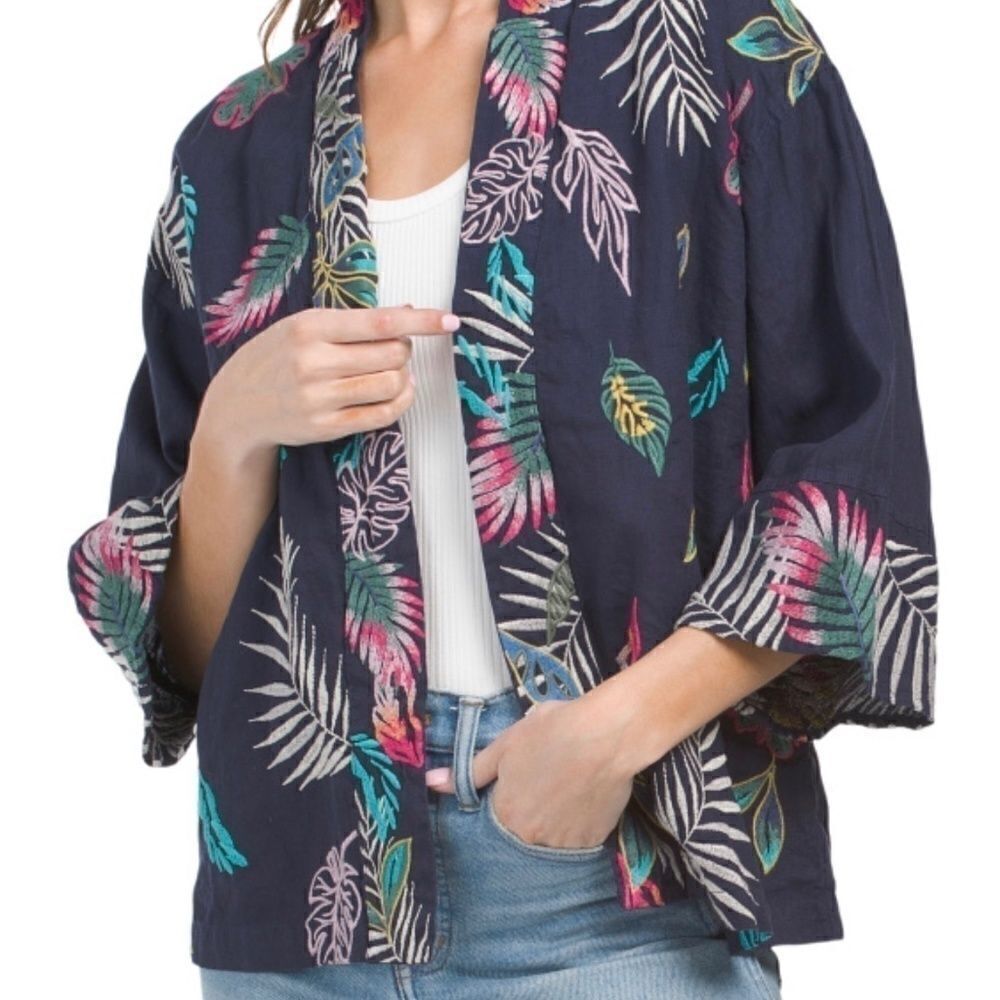 NWT Johnny WAS LINEN KALUHI EMBROIDERED CROPPED WOMAN KIMONO JACKET​​​​​